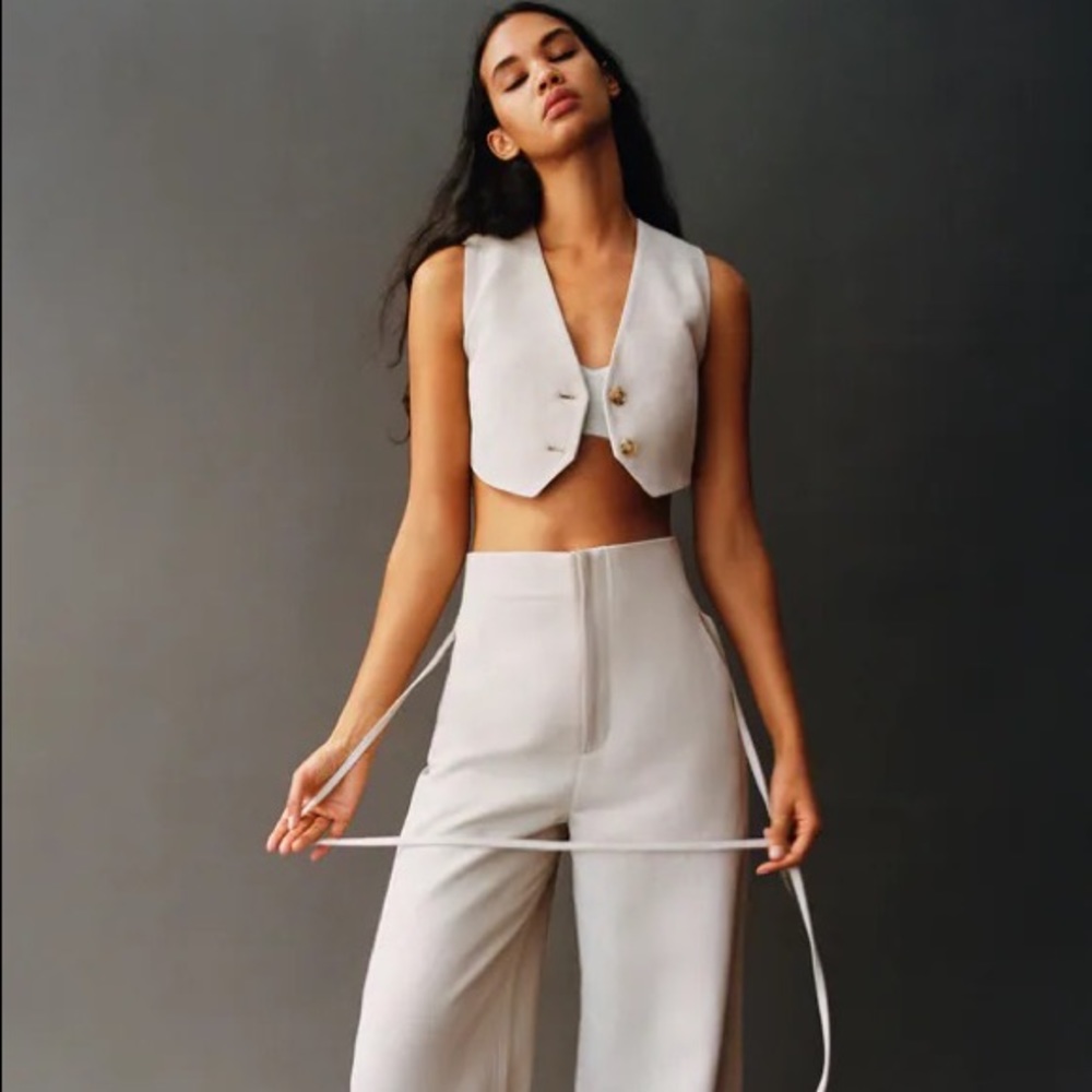 Zara Linen Blend Full Length Pants and Cropped Vest Set